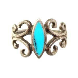 Vintage Faux Turquoise Sterling Silver Ring Size 5.5 Marquise Scroll Filigree